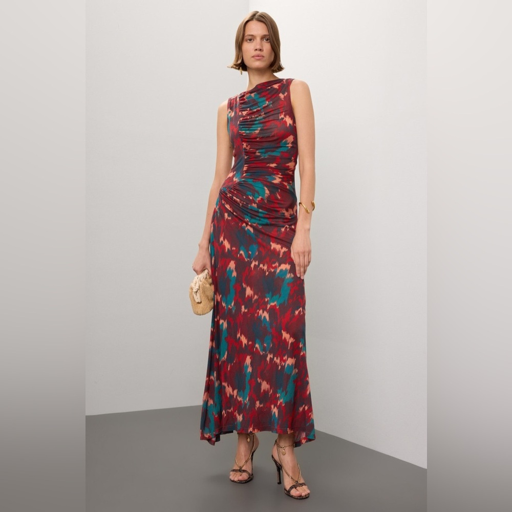 Ulla Johnson One-Shoulder Printed Silk Maxi Dress in Red and Teal